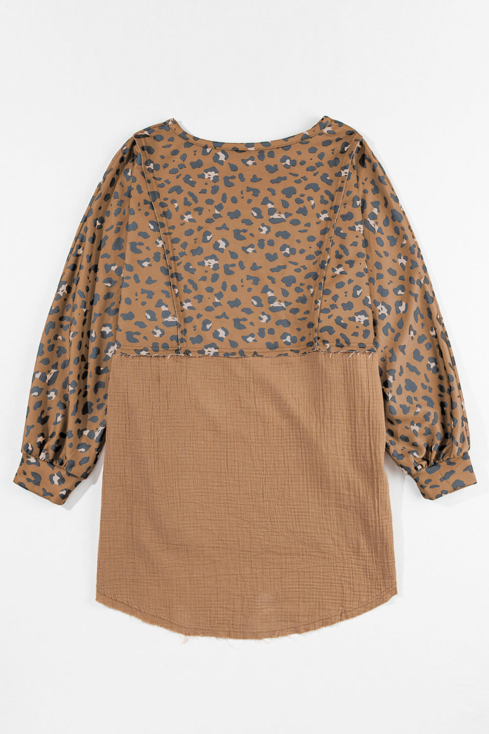 Brown printed raw edge leopard patchwork oversized blouse from Carmine Juneberry, featuring bold animal print and relaxed fit.