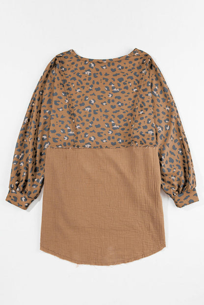 Brown printed raw edge leopard patchwork oversized blouse from Carmine Juneberry, featuring bold animal print and relaxed fit.