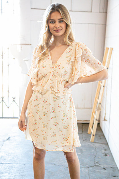 Oatmeal chiffon Swiss dot floral V-neck woven dress for women by Ochre Ismene, featuring a feminine and lightweight design.