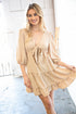Beige flow V-neck knotted babydoll woven dress for women by Ochre Ismene, featuring a relaxed fit and stylish design.