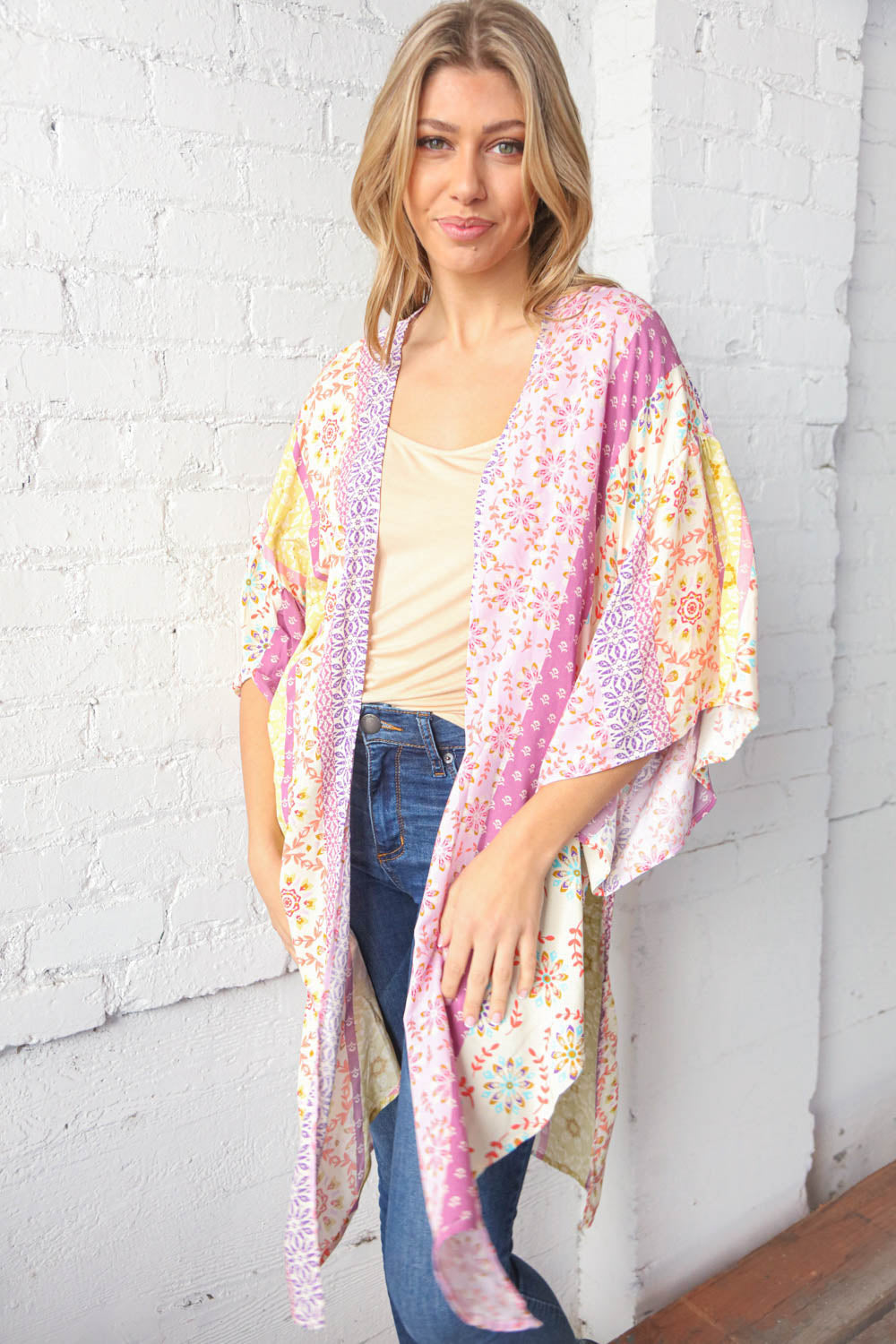 Multicolor boho ethnic patchwork open kimono for women by Ochre Ismene, featuring vibrant patterns and flowing fabric.
