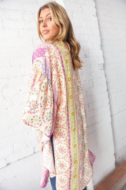 Multicolor boho ethnic patchwork open kimono for women by Ochre Ismene, featuring vibrant patterns and lightweight fabric.