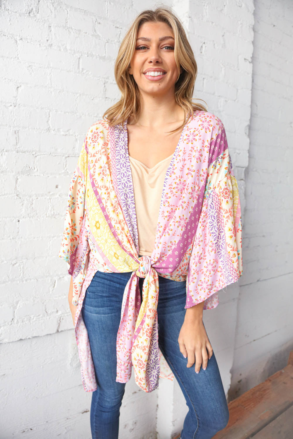 Multicolor boho ethnic patchwork open kimono for women by Ochre Ismene, featuring vibrant patterns and flowing fabric.