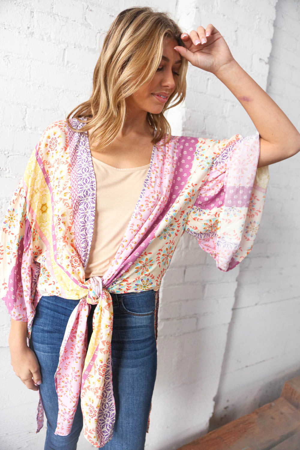 Multicolor boho ethnic patchwork open kimono for women by Ochre Ismene, featuring vibrant patterns and lightweight fabric.