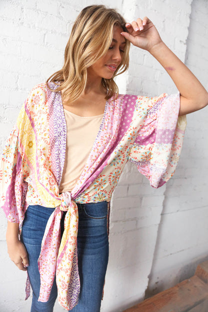 Multicolor boho ethnic patchwork open kimono for women by Ochre Ismene, featuring vibrant patterns and lightweight fabric.