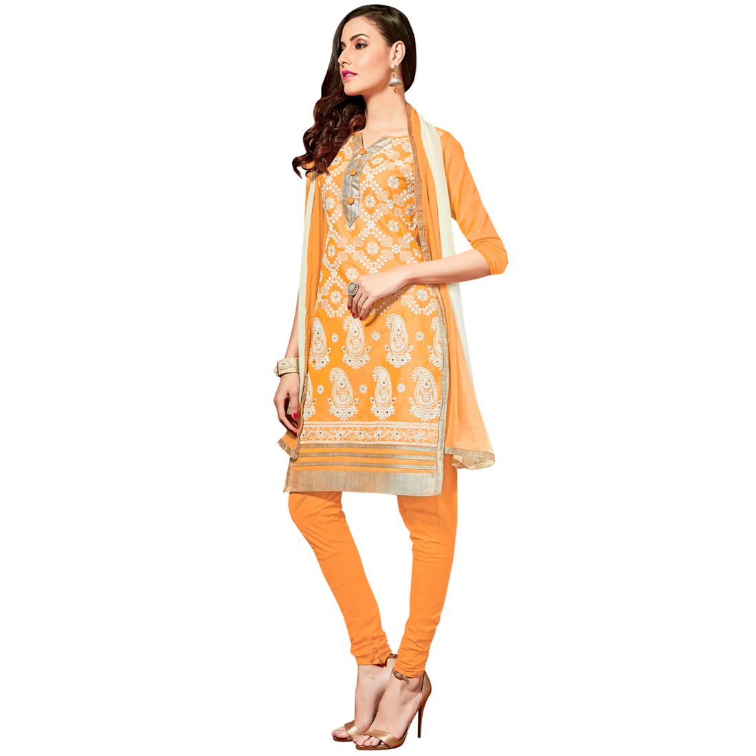 Orange Glaze Cotton Fabric dress material for women from Ivory Cassiopeia, showcasing smooth texture and vibrant color.
