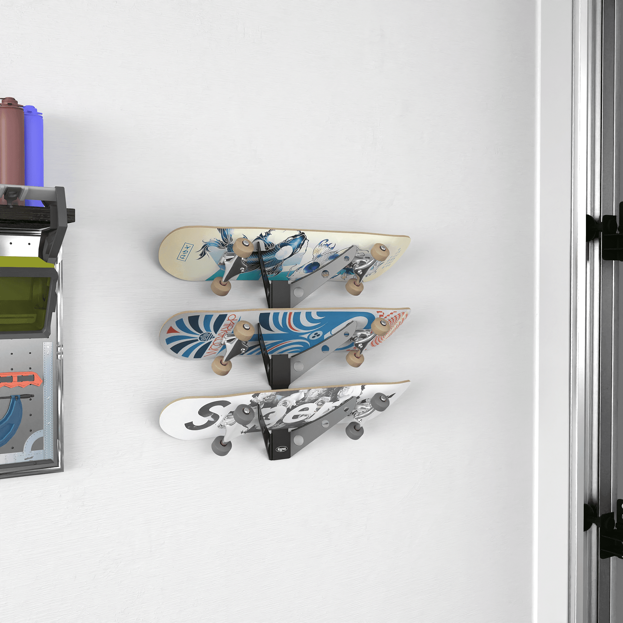 Crimson Astraeus skateboard rack holding one, two, or three skate decks for organized storage and display.