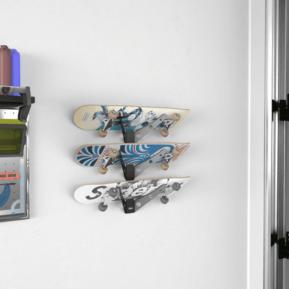 Crimson Astraeus skateboard rack holding one, two, or three skate decks for organized storage and display.
