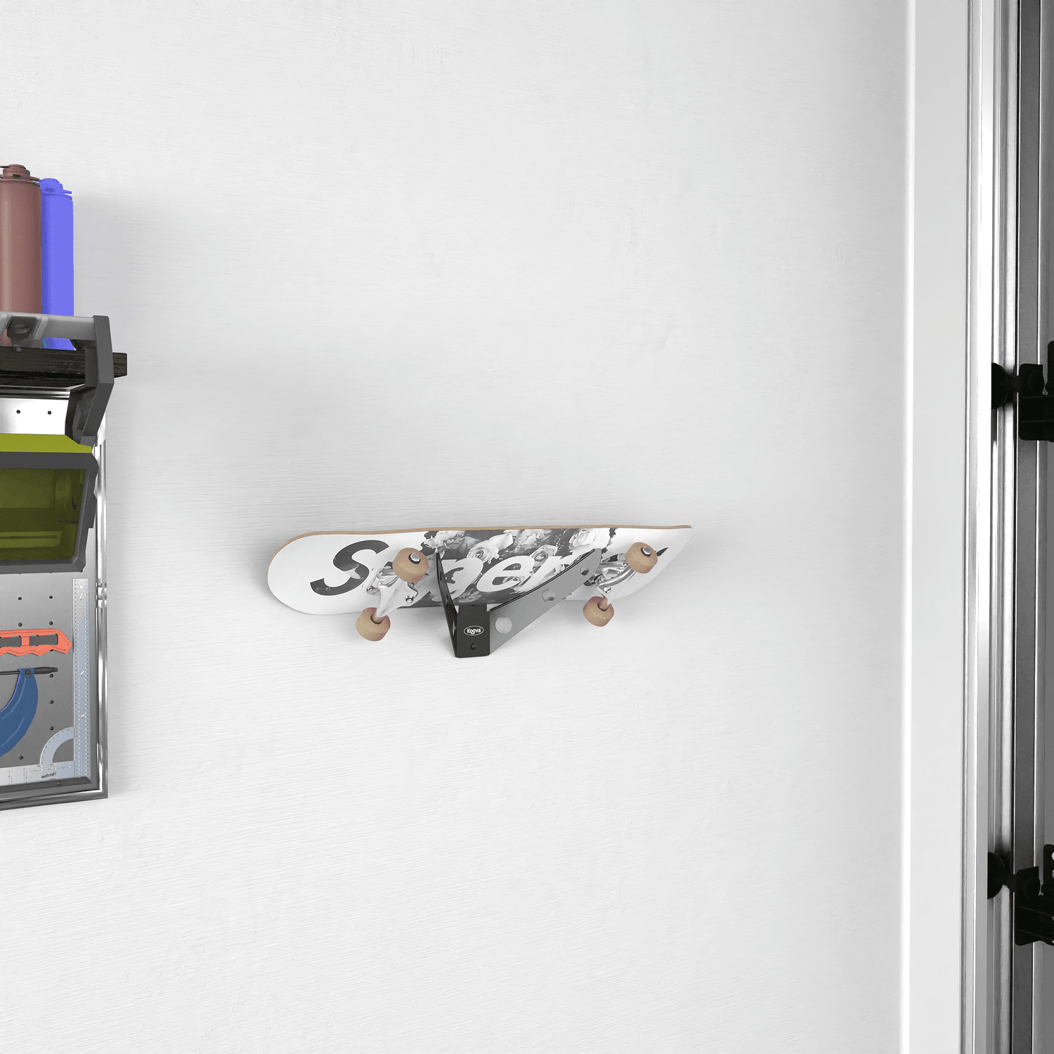 Crimson Astraeus skateboard rack holding up to three skateboard decks, designed for organized storage and display.