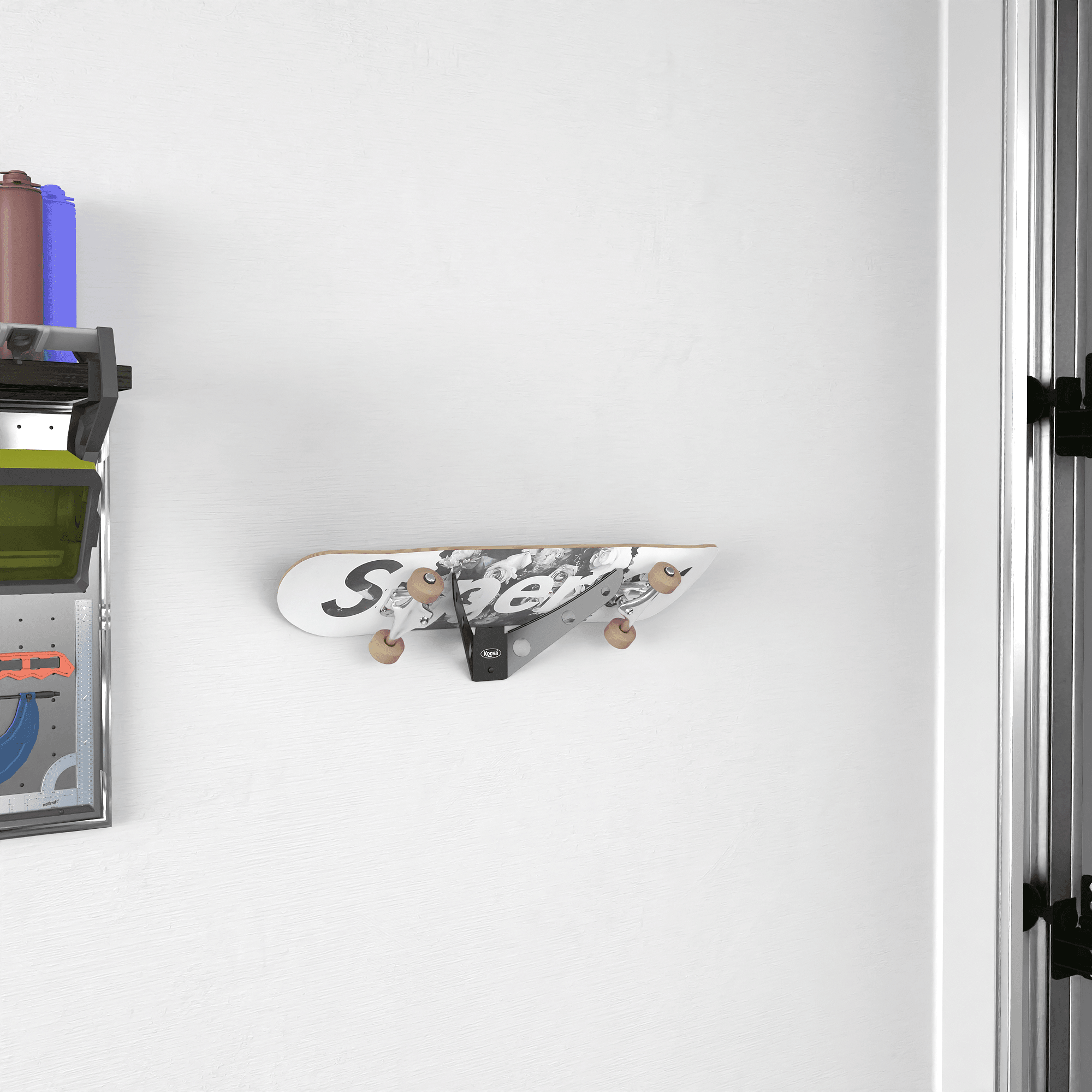 Crimson Astraeus skateboard rack holding up to three skateboard decks, designed for organized storage and display.