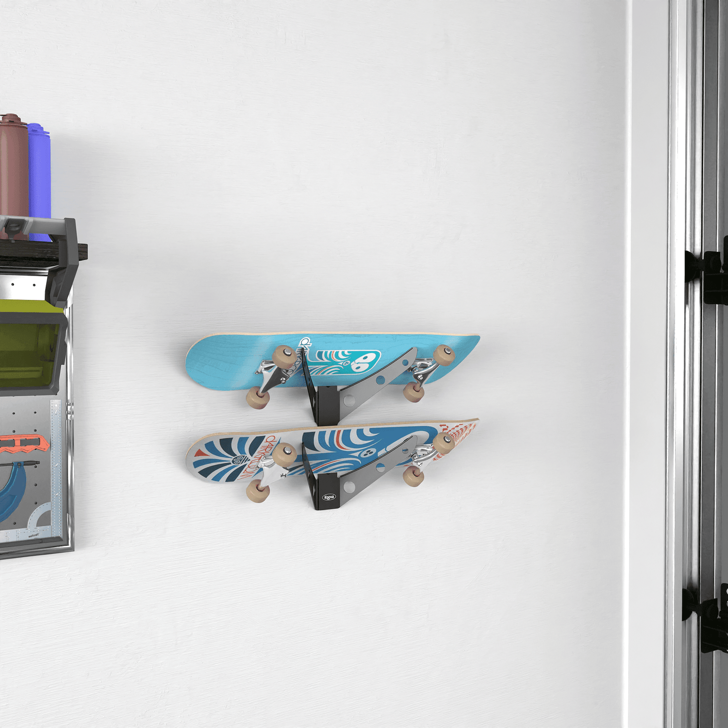 Crimson Astraeus skateboard rack holding one, two, or three skateboard decks for organized storage.