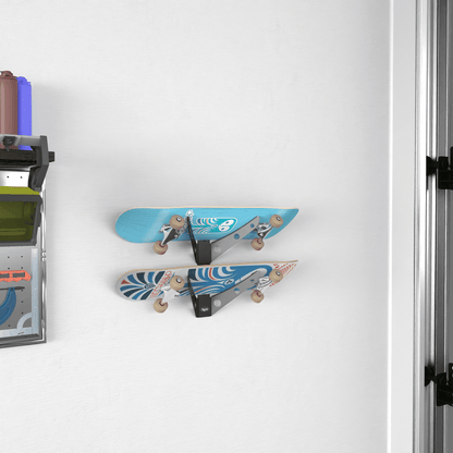 Crimson Astraeus skateboard rack holding one, two, or three skateboard decks for organized storage.