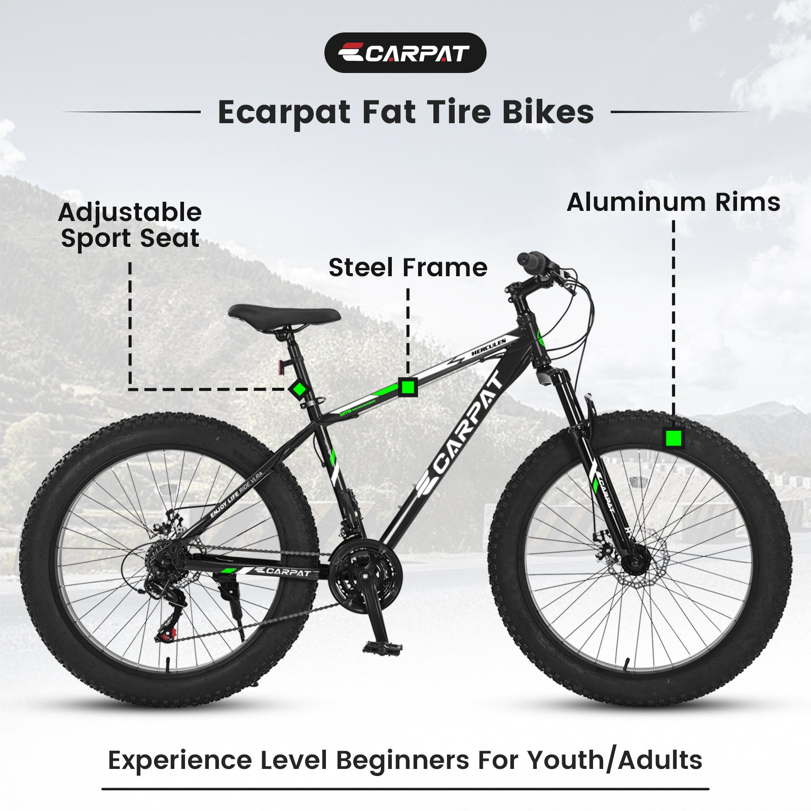 Carmine Juneberry TerraForce City-Cruizer 26-inch fat tire mountain bike with 21-speed gear system and full suspension.