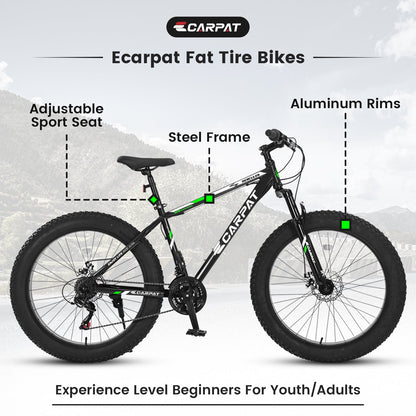 Carmine Juneberry TerraForce City-Cruizer 26-inch fat tire mountain bike with 21-speed gear system and full suspension.