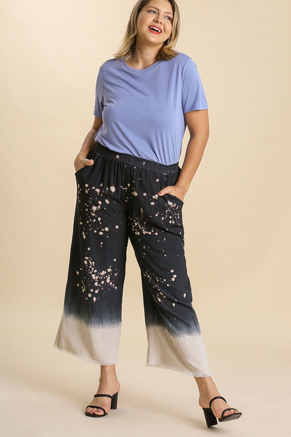 Jade Icarus Umgee raw hem linen blend bleach dip dye wide-leg pants in plus size, featuring a relaxed fit and distressed hem detail.