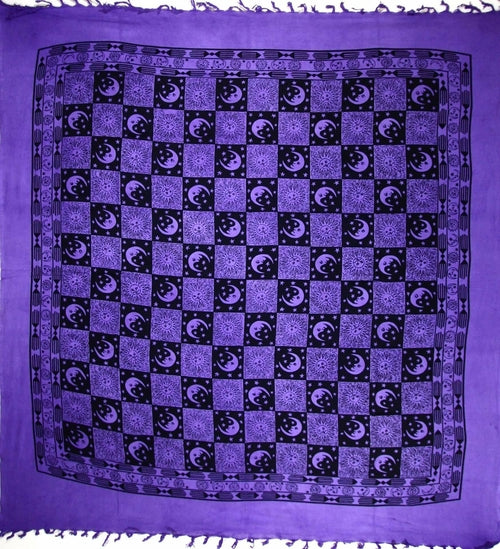 Checkered Sun &amp; Moon tapestry with tassels by Silver Hestia, featuring celestial design in vibrant colors for home decor.