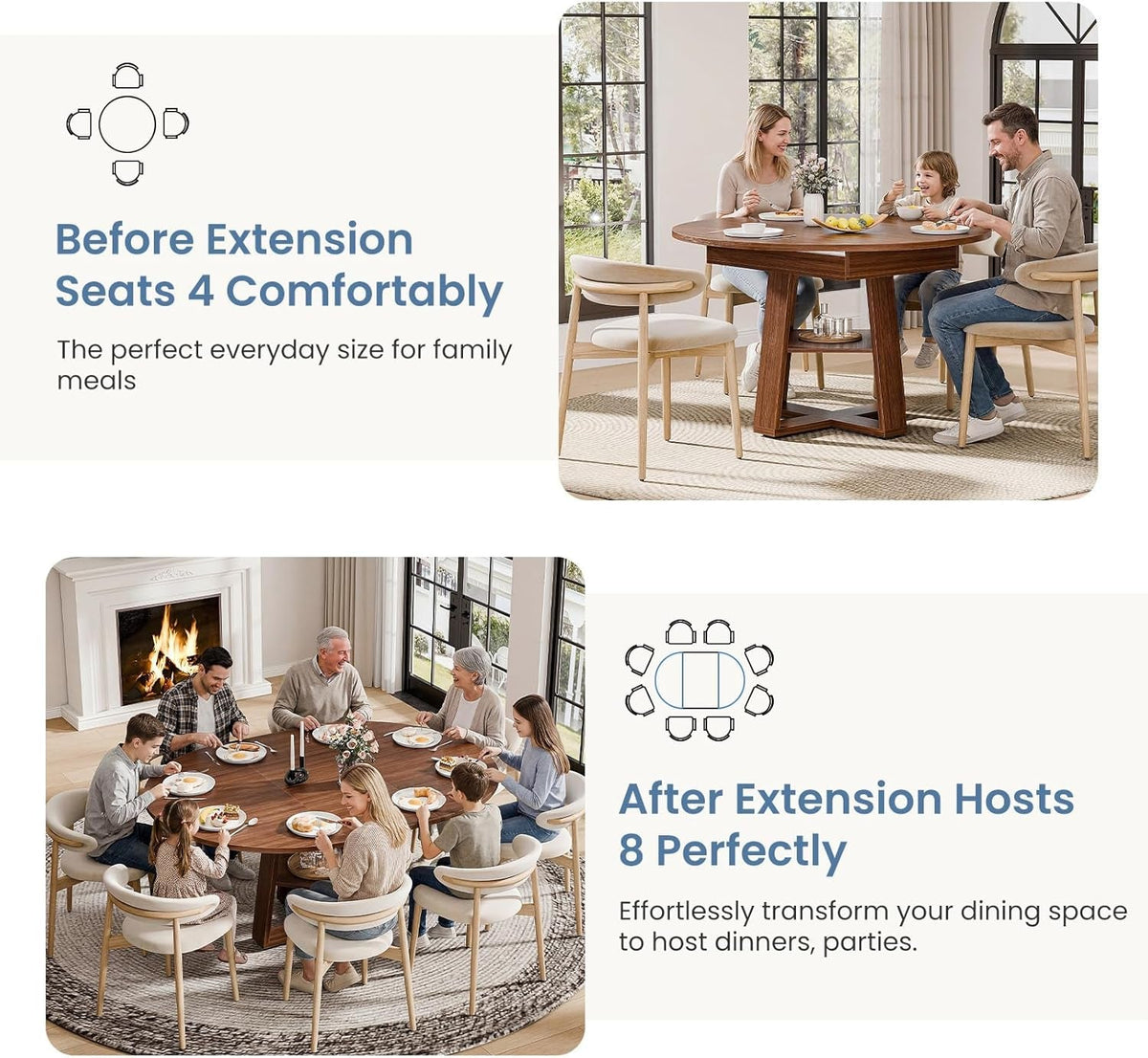 Chestnut Expandable Round Dining Table With Storage