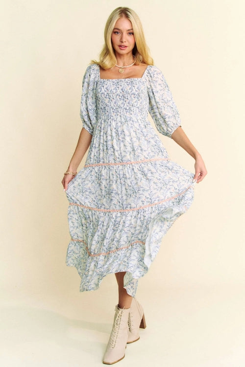 Automotive-themed Jade Icarus contrast Ric smocking bodice tiered midi dress with tiered skirt and smocked bodice.