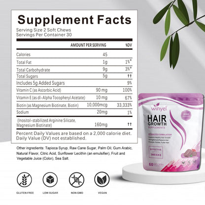 Pear Daisy WINYEL Hair Growth Soft Chewables with vitamins, featuring a bottle of chewable hair supplements for healthy hair.