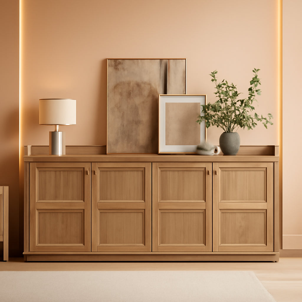 61.7 Inch Brown Oak 4 Door Buffet Cabinet Sideboard