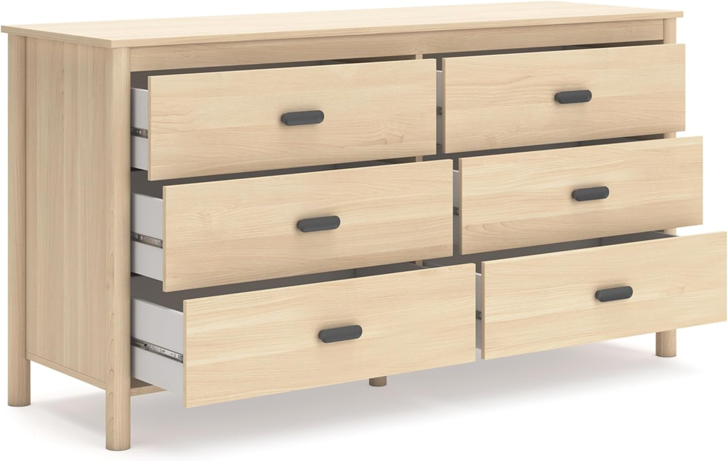 Light brown Peach Maple six drawer bedroom dresser with sleek handles and ample storage space.