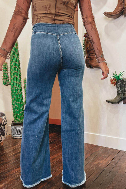 Carmine Juneberry Sail Blue high waist flare jeans with button fly, seamed details, and raw hem for a trendy denim look.