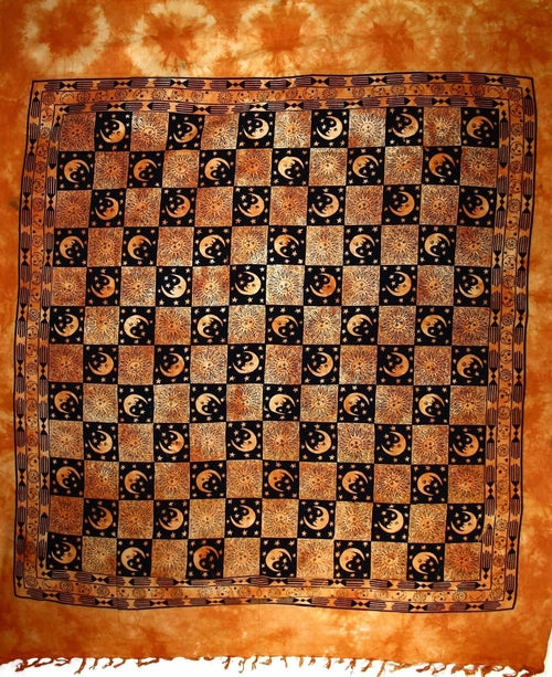 Silver Hestia checkered Sun and Moon tapestry with tassels, vibrant home decor piece featuring celestial design and decorative fringes.