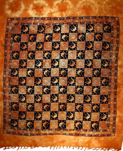 Silver Hestia checkered Sun and Moon tapestry with tassels, vibrant home decor piece featuring celestial design and decorative fringes.