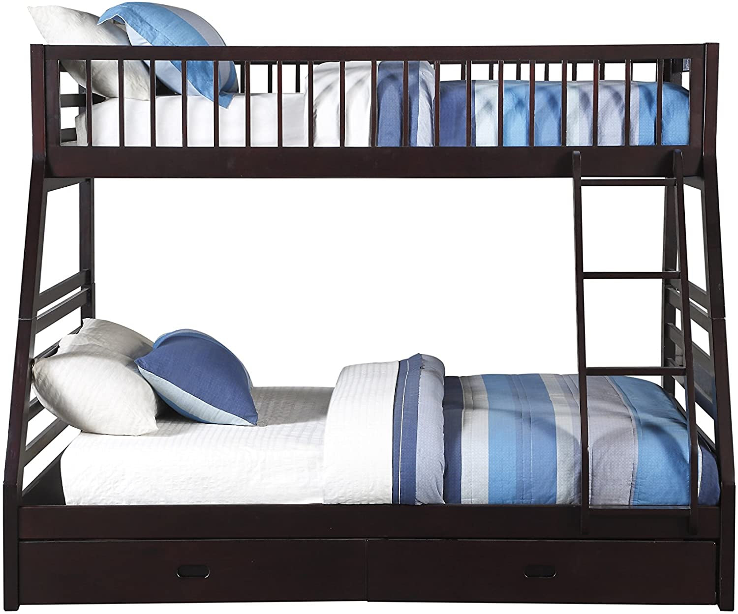 Espresso twin over queen bunk bed with built-in drawers from Peach Maple, showcasing sturdy wooden furniture with a stylish finish.