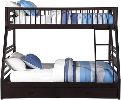 Espresso twin over queen bunk bed with built-in drawers from Peach Maple, showcasing sturdy wooden furniture with a stylish finish.