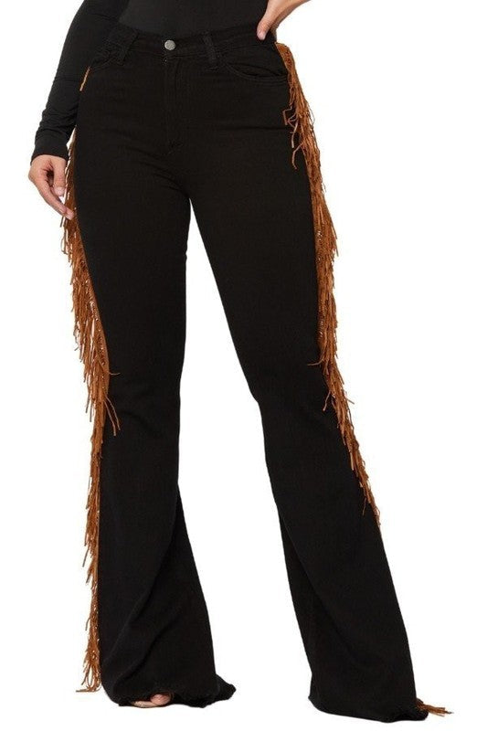 Jade Icarus Fringe Bell Bottom automotive jeans with 32-inch inseam, showcasing fringe detail and classic denim style.