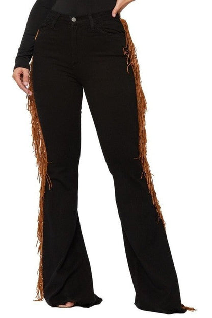 Jade Icarus Fringe Bell Bottom automotive jeans with 32-inch inseam, showcasing fringe detail and classic denim style.