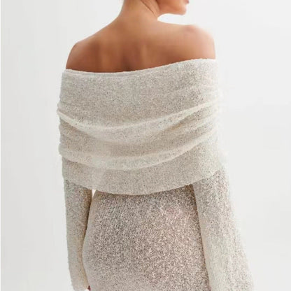 Off-shoulder knit bodycon dress in 25th edition from Carmine Juneberry, featuring a fitted silhouette and elegant design.