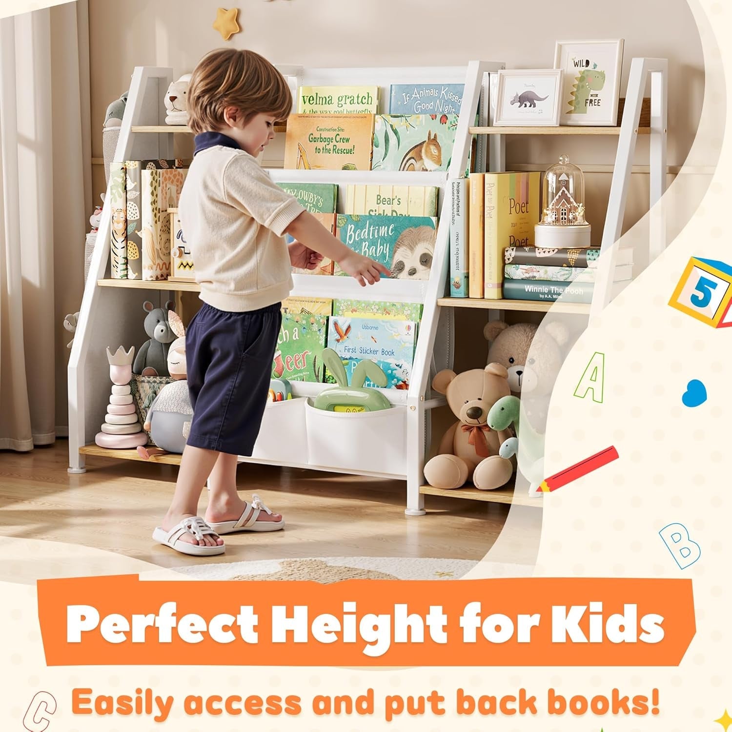 Kids bookshelf and toy organizer by Peach Maple, 3-tier burlywood wood bookcase with open shelves for children’s books and toys.