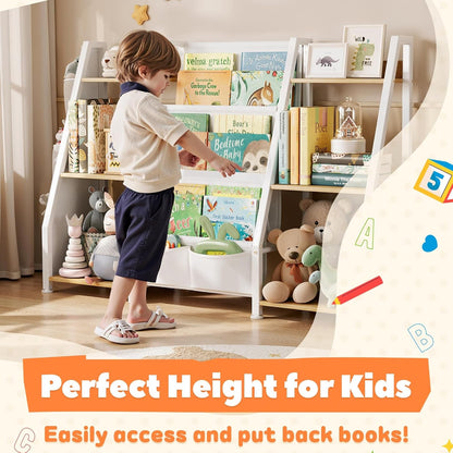 Kids bookshelf and toy organizer by Peach Maple, 3-tier burlywood wood bookcase with open shelves for children’s books and toys.