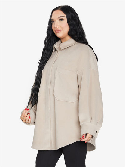 Rose Eleusis oversized patch pocket shacket with a relaxed fit, featuring large front patch pockets and a stylish, casual design.