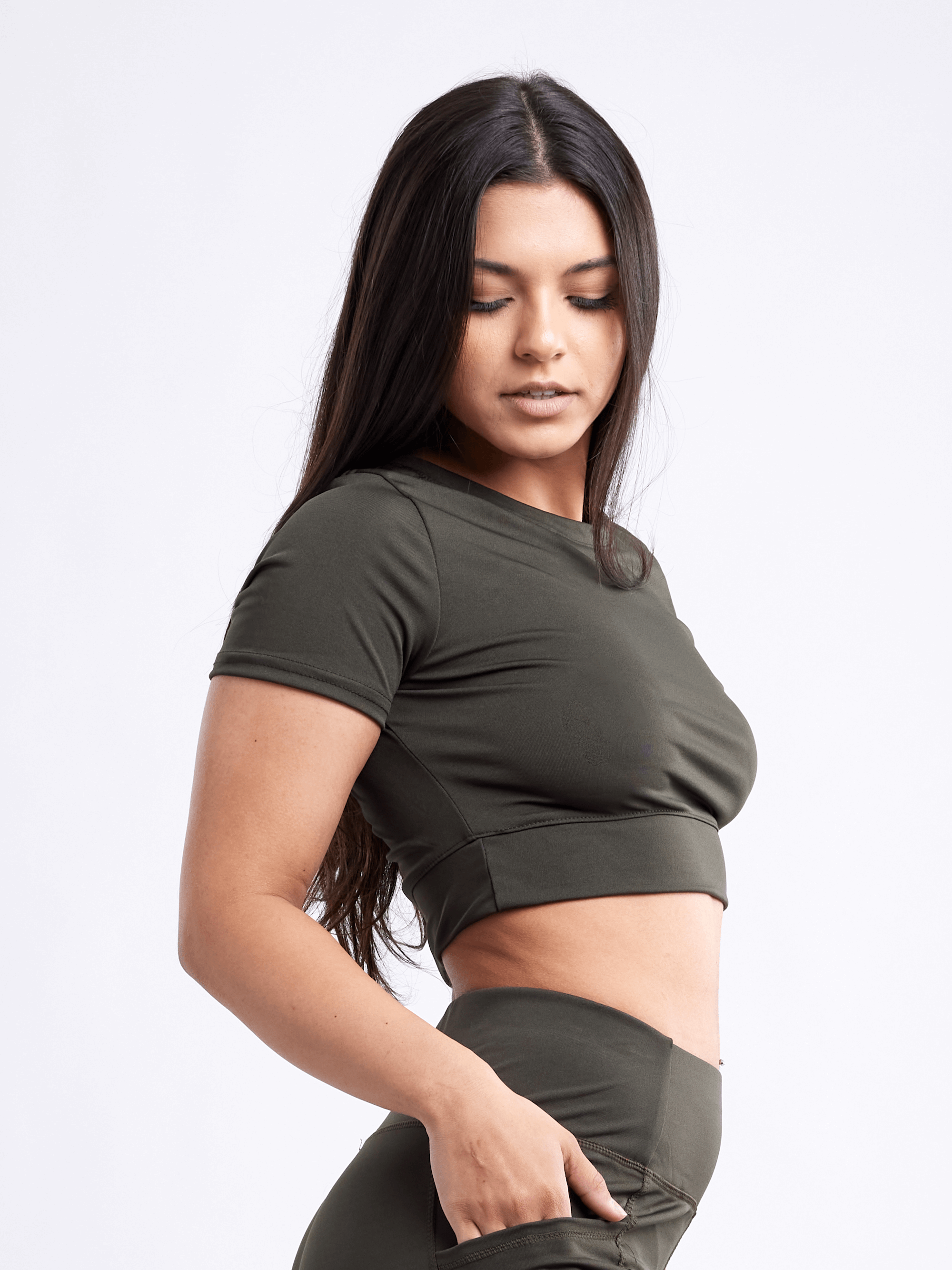 Black Lavender JupiterGear short-sleeve crop top for activewear, shown in black with a fitted design and breathable fabric.