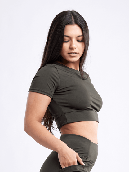 Black Lavender JupiterGear short-sleeve crop top for activewear, shown in black with a fitted design and breathable fabric.