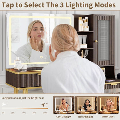 48 Inch Vanity Desk With Mirror Led Lights And Charging Station