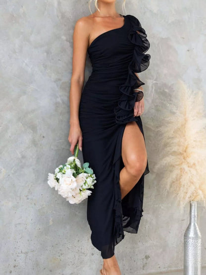 Elegant jade green one-shoulder ruffle slit dress by Jade Iapetus, featuring a flowing design and stylish asymmetrical details.