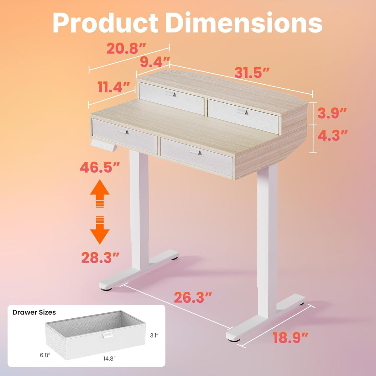 32X20 Inch Electric Standing Desk With Four Drawers