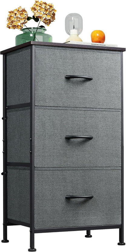 Dark grey Peach Maple dresser with three drawers, steel frame and wood top, modern furniture for bedroom storage.