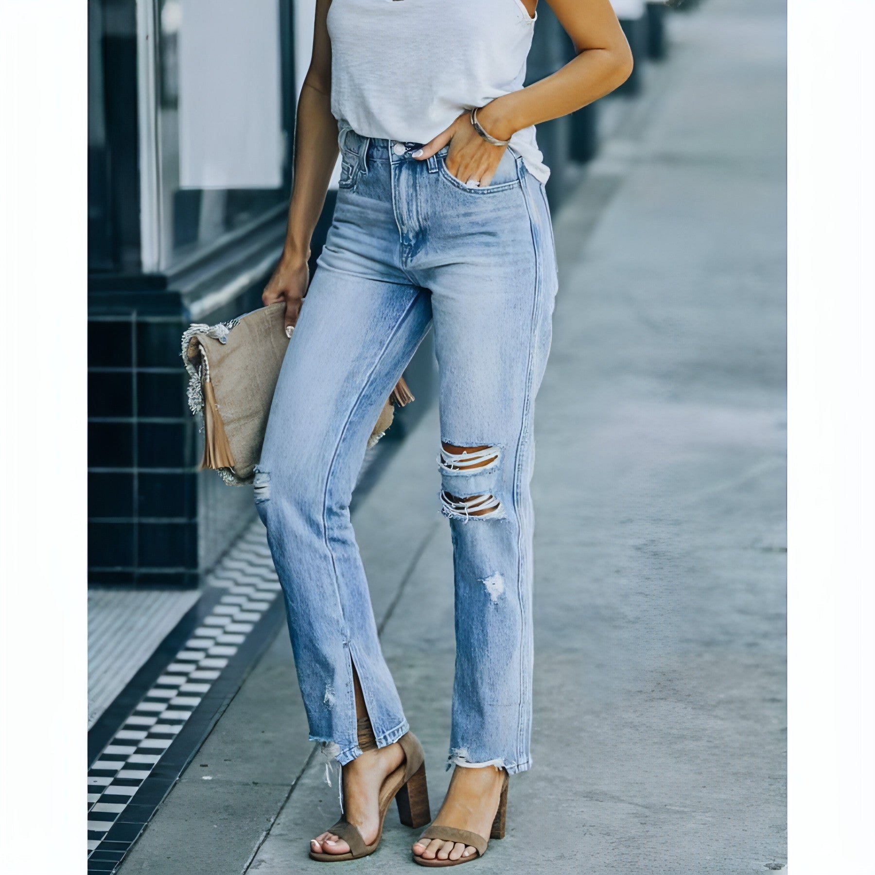 SkyFade™ Fashion Street Washed Jeans by Carmine Juneberry, showcasing light wash denim with distressed details and classic fit.