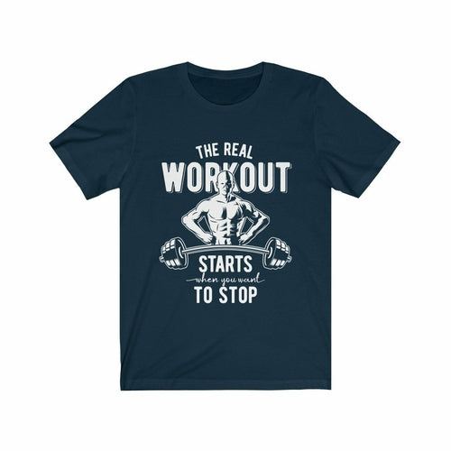 Plum Charlie The Real Workout T-shirt featuring bold printed text in black on a casual, comfortable cotton shirt.
