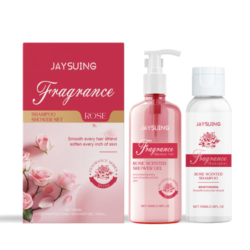 Carmine Juneberry AYTSWANG Botanical Shampoo and Shower Set with natural herbal ingredients, displayed in white bottles.