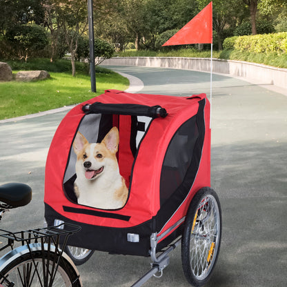 Red PawHut foldable pet bike trailer with mesh windows and sturdy frame, designed for dogs and cats to travel comfortably.