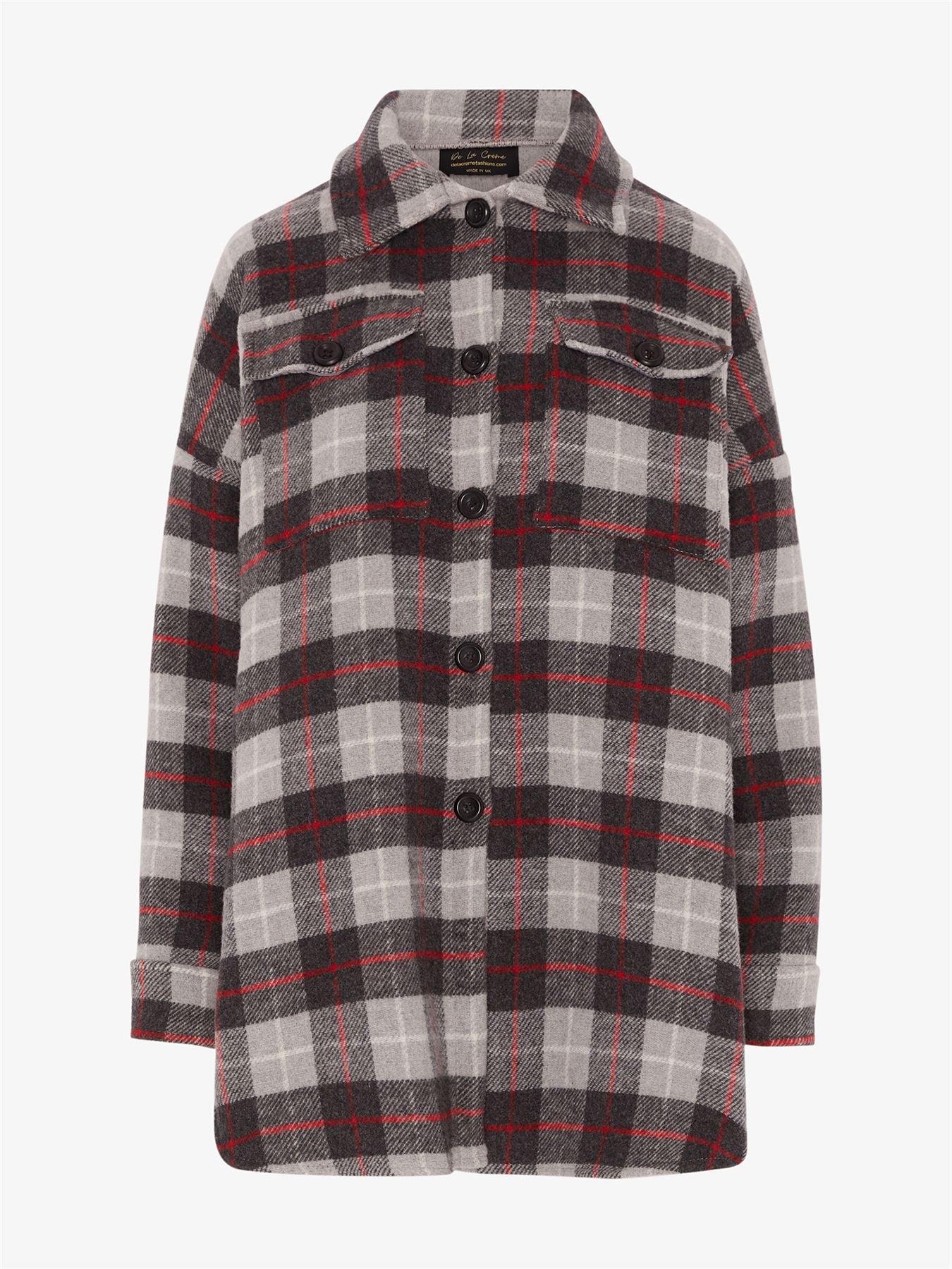 Rose Eleusis oversized Nova check wool blend shacket with a relaxed fit, featuring a plaid pattern and button-front design.