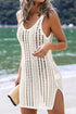 White hollow-out crochet beach cover-up dress with slits for women, by Lavender Pallas, featuring airy, stylish summer beachwear.