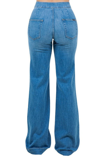 Harley Wide Leg Jeans by Jade Icarus in medium blue with 32-inch inseam, featuring a relaxed fit and classic denim style.