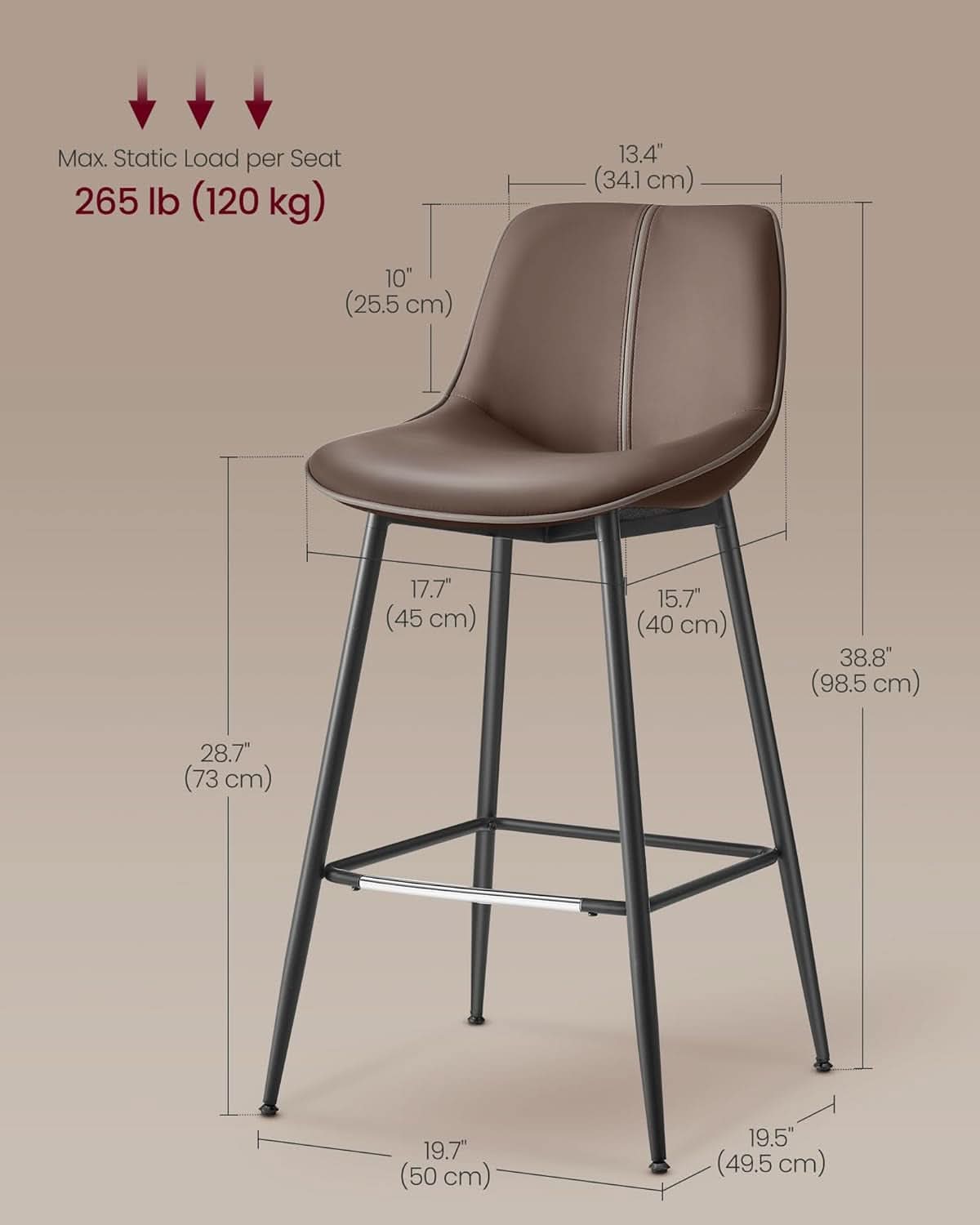 Bar Stools Set Of 2, 28.7 Inch Bar Height With Back, Coffee Brown